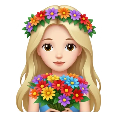 Beautiful girl with long hair and a wreath holding a bouquet of flowers sticker