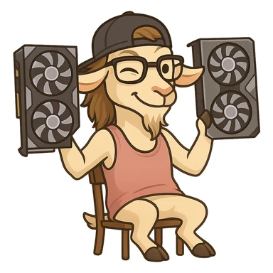 goat for Telegram stickers inspired by reference https://attic.sh/feoducyurkpqwz0la088soao98sx: wearing a cap, glasses, mullet hairstyle, pink drunkard tank top, sitting on a chair, holding a large video card in each hand at shoulder level, winking, pose like in the photo, clean lines, soft gradients. transparent background sticker