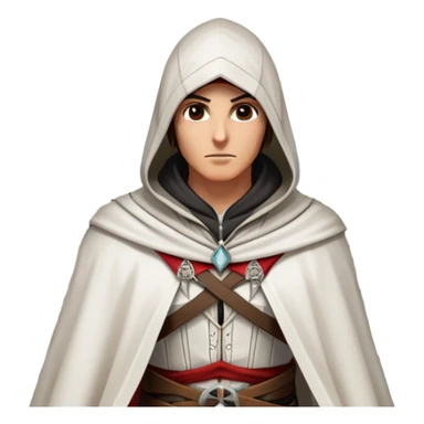 icon featuring Assasin's Creed in an iconic assassin's hood, standing tall against the backdrop of Florence. The design captures the essence of adventure, with intricate details of historical architecture and a sense of mystery. The character is poised, ready for action. transparent background. sticker