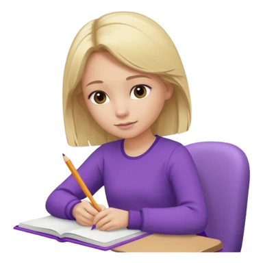 girl sitting, writing in a notebook, blond hair, dressed in purple clothes sticker