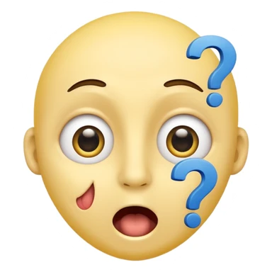 yellow face question mark emoji with wide eyes, mouth open in surprise, blue question mark above head sticker