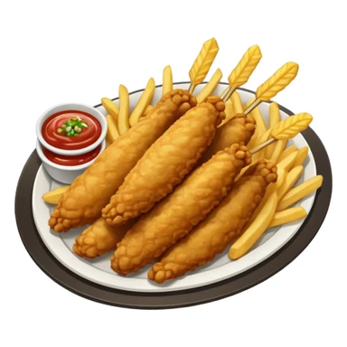 Piezas de pollo frito y papas fritas en baston sobre una bandeja rectangular plateada que contiene papel con patrón de cuadros blancos y negros  sticker