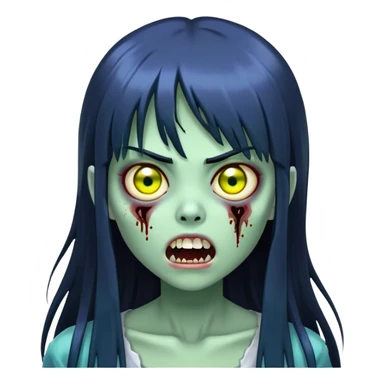 garota zumbi com Pele esverdeada ou azulada. Olhos grandes e amarelados. Cabelo preto, liso e longo, com franja reta. com a boca aberta mostrando dentes escuros. Aparência semelhante a figuras de terror, como fantasmas ou espíritos japoneses. sticker
