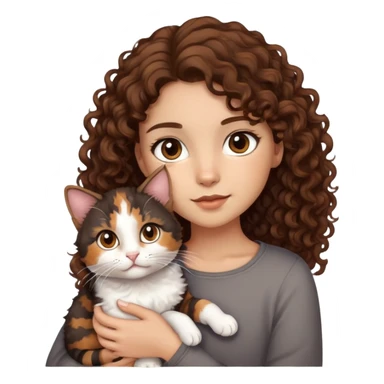 Chica morena clara con ojos grandes y café oscuro, con pelo rizado café oscuro y mechones café claro cargando un gato Calico  sticker