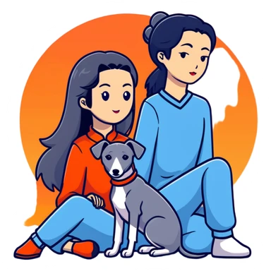 A very beautiful and attractive 25-year-old Chinese woman with long flowing black hair and a SOLID DARK GREY whippet sitting together during a beautiful sunset. The whippet MUST be COMPLETELY SOLID DARK GREY with ABSOLUTELY NO WHITE MARKINGS ANYWHERE - no white chest, no white face, no white paws, no white tip on tail - ENTIRELY ONE SOLID DARK GREY COLOR throughout the entire dog. Orange and red sunset sky in the background. sticker