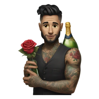 Hyper Realistic handsome tattooed man holding roses and a bottle of champagne  sticker