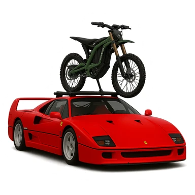 Replace the two bikes with one Sur-Ron electric bike with a green frame, mounted on the roof rack of the realistic Ferrari F40. Keep the background transparent. sticker
