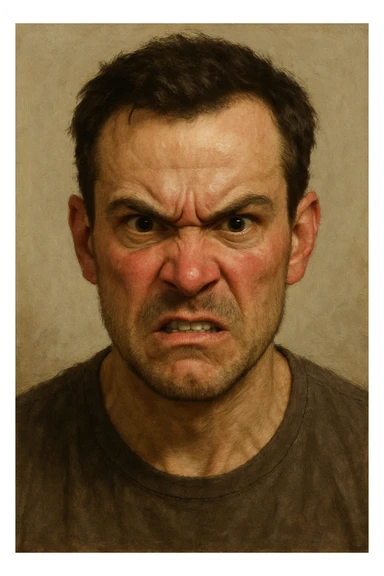 a mad person with furrowed brows, clenched jaw, intense eyes, red cheeks, neutral background sticker