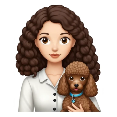 woman with long dark brown hair holding a poodle sticker