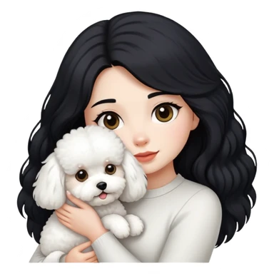 A girl with long black hair holding a bichon sticker