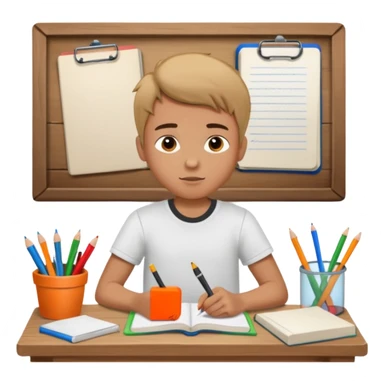 un niño escribiendo en un cuaderno en una mesa con muchas hojas y cuadernos al lado. sticker