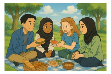 Four students in Ghibli style, having a picnic in a park, sharing food, relaxed and friendly atmosphere, greenery and blue sky. sticker
