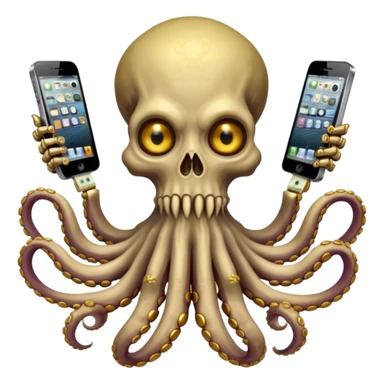 satanic octopus skeleton. Evil looking eyes, wearing a gold necklace. 2 tentacles are holding their own cellphones, 2 other tentacles are holding stacks of money sticker