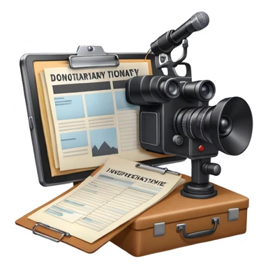 Icon for Documentary Film: A TV show-style design with a large screen displaying a documentary scene. Include papers, a clipboard, and files scattered around, along with a microphone and camera. The design should evoke a news or investigative TV program vibe. Transparent background. sticker