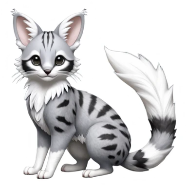 stormcell charcoal fur crackling with silver frost-veins and ghost-dust sheen Hyper-realistic beautiful elegant pretty precious cute  Fakémon-Pokémon-opossum-feline-serval-caracal-chinchilla-Furret-Minccino-hybrid-creature with a big fluffy bushy tail (full body) sticker