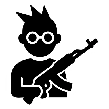 A punk guy with pink hair, wearing Harry Potter glasses, and holding an AK-47 sticker