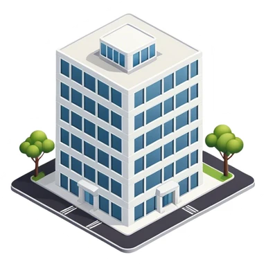Minimalist white corporate building, isometric exterior sticker