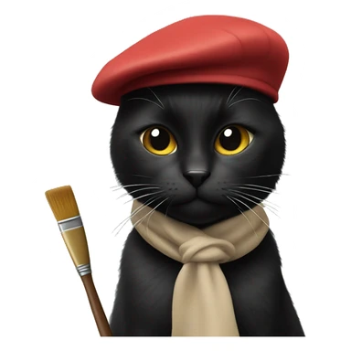 black cat wearing beret with a paintbrush ￼  sticker