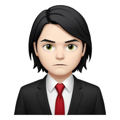 🎨 Classic Emoji — Gerard Way (Revenge Era)
Round, simplified emoji style
Pale skin tone
Jet-black, shoulder-length hair
Heavy eyeliner and slight red shadow under the eyes
Subtle serious / melancholic expression
Hint of red tie visible on black suit
Transparent background sticker