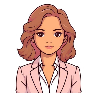 A 30-year-old woman with tanned skin, light brown long wavy hair, delicate face, almond-shaped eyes with smoky foxy eye makeup, brown eyes, wearing a light pink blazer and white satin cowl neck blouse with thin straps sticker