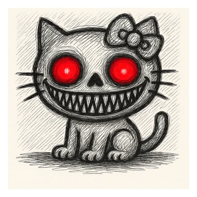 Make Hello Kitty's horror face smile much wider, keeping the glowing red eyes and unsettling features, in doodle style. The style is doodle style. sticker