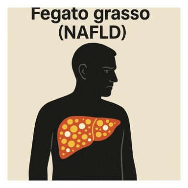 symbolic scene with silhouette of a person showing liver highlighted in transparency with yellow and white areas indicating fat, serious expression, neutral background, Italian text 'Fegato grasso (NAFLD)', 4K quality sticker