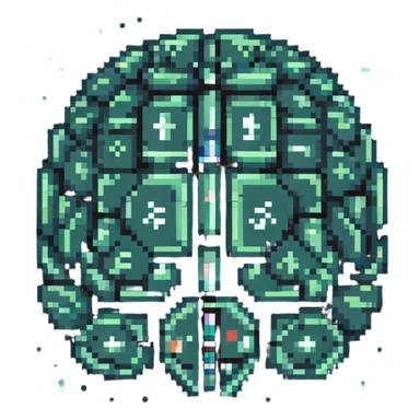 pixel art luminous crystal brain over ancient tablets with runes and various language symbols (A-Z, あ, 文, ع) orbiting in space around it sticker