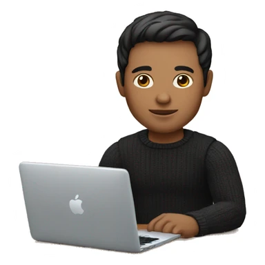 memoji of a man with a laptop in front, apple-style,modern,fair skin,black hair,black sweater,computer in hand,sitting on his desk sticker