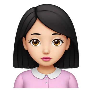 Gordita, ojos pequeños de color cafe oscuro, labios pequeños y rosados, piel trigueña, orejas pequeñas, cabello largo lazio y negro, pequeña. sticker