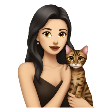 Beautiful skinny woman long dark brown hair in dark dress with earrings hug bengal cat sticker