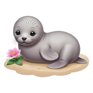 A small, slim baby seal resting gracefully on a sandy beach, with a delicate pink flower placed on its head.  Grey color sticker