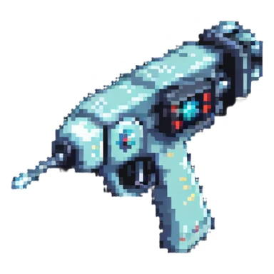 retro sci-fi ray gun in pixel art style sticker