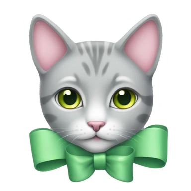 Light grey cat with green eyes wearing a small pink bow sticker