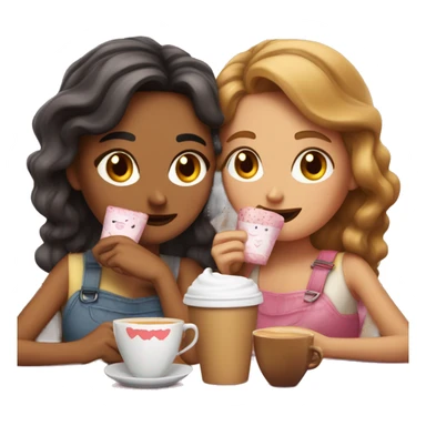 dos chicas de pelo café, durmiendo abrazadas con su gato café u corazones rosados flotando sticker