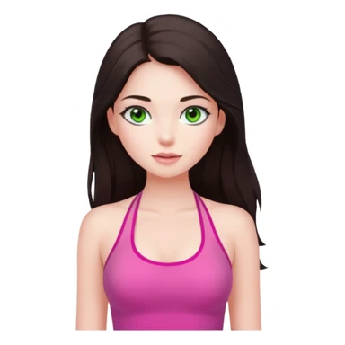 A pretty girl with white skin and very long dark brown hair and a green eyes and wears a pink tight halter tops sticker