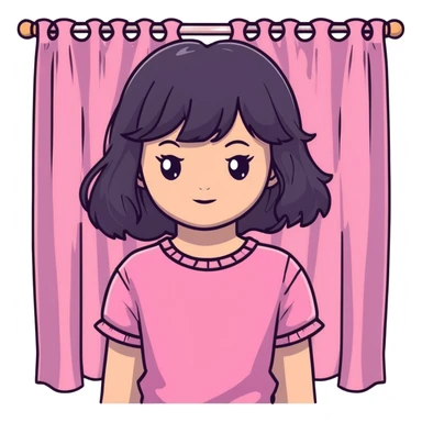 White girl with chest length black wavy hair with curtain bangs, gray eyes, wearing a pink top sticker