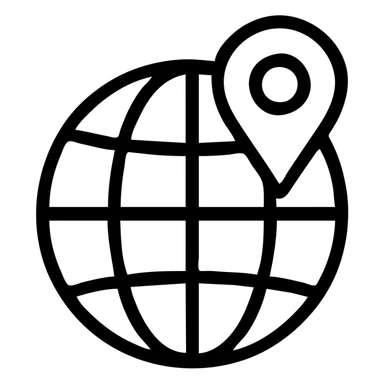 black outlined icon of a globe with a location pin, representing travel sticker