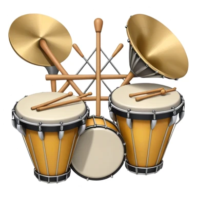 Create a heraldic, festive, and professional emblem-like emoji representing percussion instruments. The design should resemble a traditional crest, featuring a variety of percussion instruments such as cymbals, triangle, tambourine, maracas, timpani, bongo drums, and other traditional folk percussion instruments. Arrange them symmetrically, with cymbals crossing each other, the triangle at the center, and timpani or bongo drums flanking the sides. Include tambourines and maracas prominently, adding rhythm and texture. A flowing ribbon of musical notes should elegantly weave through the instruments, enhancing the sense of movement and celebration. Add intricate decorative patterns on the instruments, along with ornamental swirls, laurels, or flourishes to elevate the festive and heraldic feel. The overall composition should be balanced, harmonious, and visually striking, with an elegant and professional look. The background should be transparent. sticker