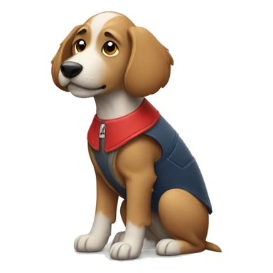 Hard-haired typing dog with a red vest sticker