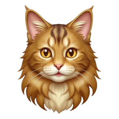 Cinematic Cute Maine Coon Cat Portrait Emoji, Head tilted playfully and inquisitively, sleek brown, gold, and cream tones, Simplified yet adorable features, highly detailed, glowing with a warm, friendly glow, high shine, curious and affectionate, stylized with a touch of whimsy, bright and alert, soft glowing outline, capturing the essence of a mischievous yet loving kitten, so endearing it feels like it could pounce out of the screen and play with its fluffy tail swishing! sticker