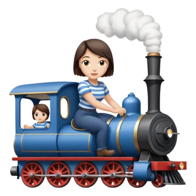 Pretty, sexy, slightly curvy white woman with short dark brown hair, wearing a blue and white striped tee shirt, riding a steam train sticker