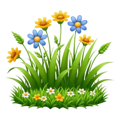 a patch of green grass with a few wildflowers, emoji style sticker