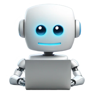 Cute happy robot behind computer writing code sticker