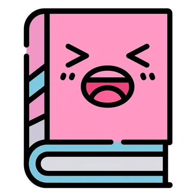 Recreate the image of a pink manga book with an expressive face, thick black lines, details in lilac and blue, in color outline style, without any text or numbers. sticker