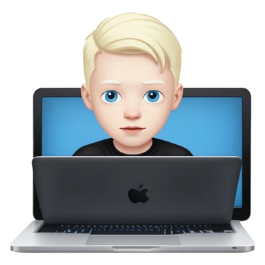 albino youtuber on black laptop with desk with blue eyes sticker