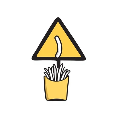 yellow warning road sign, a single french fry being dropped into a bag containing a few other fries, hand drawn doodle style sticker