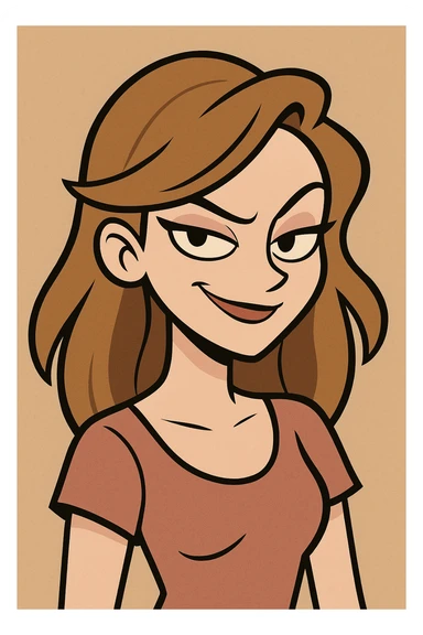 a beautiful girl with a confident, sly smirk and sharp, expressive eyes, bold cartoon style sticker