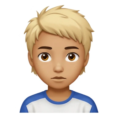 caramel skin color. Teen age. Short buzz, messy blonde hair, dark brown bushy eyebrows large expressive golden-brown eyes, brown skin color, scar over nose, wearing a plain white t-shirt. sticker