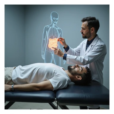 Italian man lying on medical examination table, doctor pointing to abdominal fat areas on transparent anatomical illustration, realistic style, vertical 9:16 aspect ratio sticker