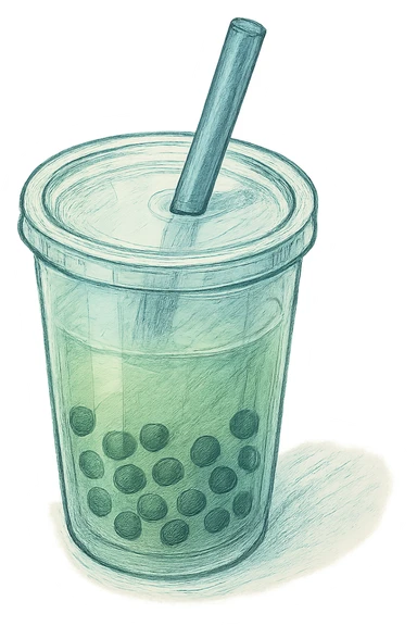 hand-drawn volumetric bubble tea cup with a straw, blue and green colors, three-quarter angle view, sketchy illustrated style, expressive shadows and highlights for 3D look sticker